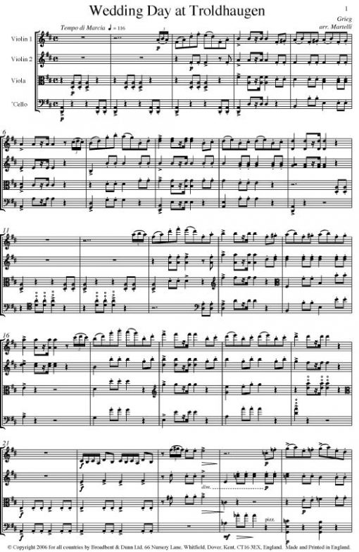 Grieg - Wedding Day at Troldhaugen from Lyric Pieces (String Quartet Score) - Score Digital Download