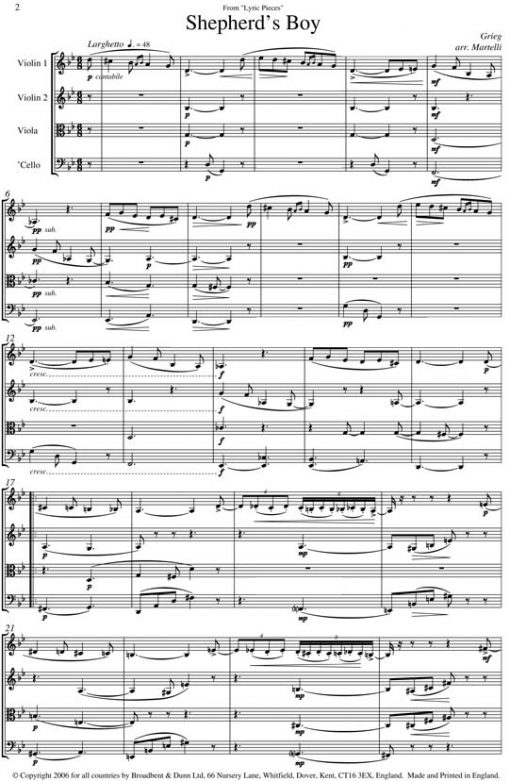 Grieg - Shepherd's Boy from Lyric Pieces (String Quartet Parts) - Parts Digital Download
