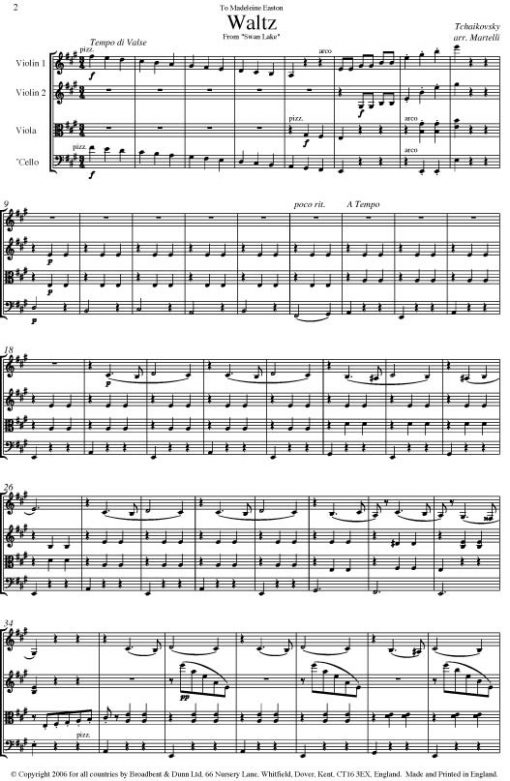 Tchaikovsky - Waltz from Swan Lake (String Quartet Score) - Score Digital Download