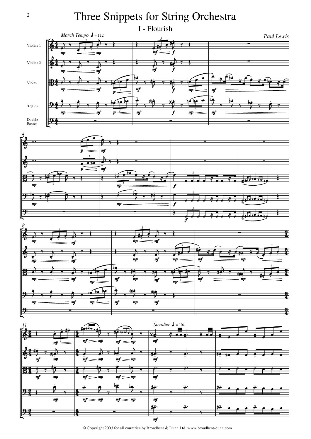 Paul Lewis - Three Snippets for String Orchestra - Double Bass Digital Download