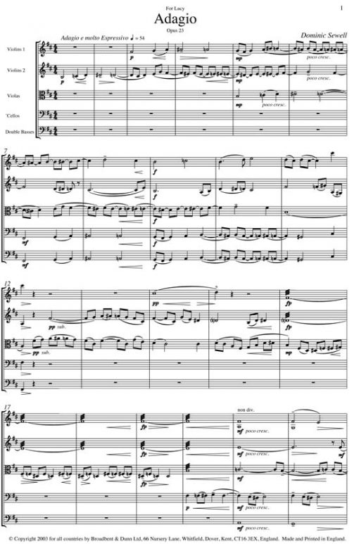 Dominic Sewell - Adagio for String Orchestra - Score Digital Download