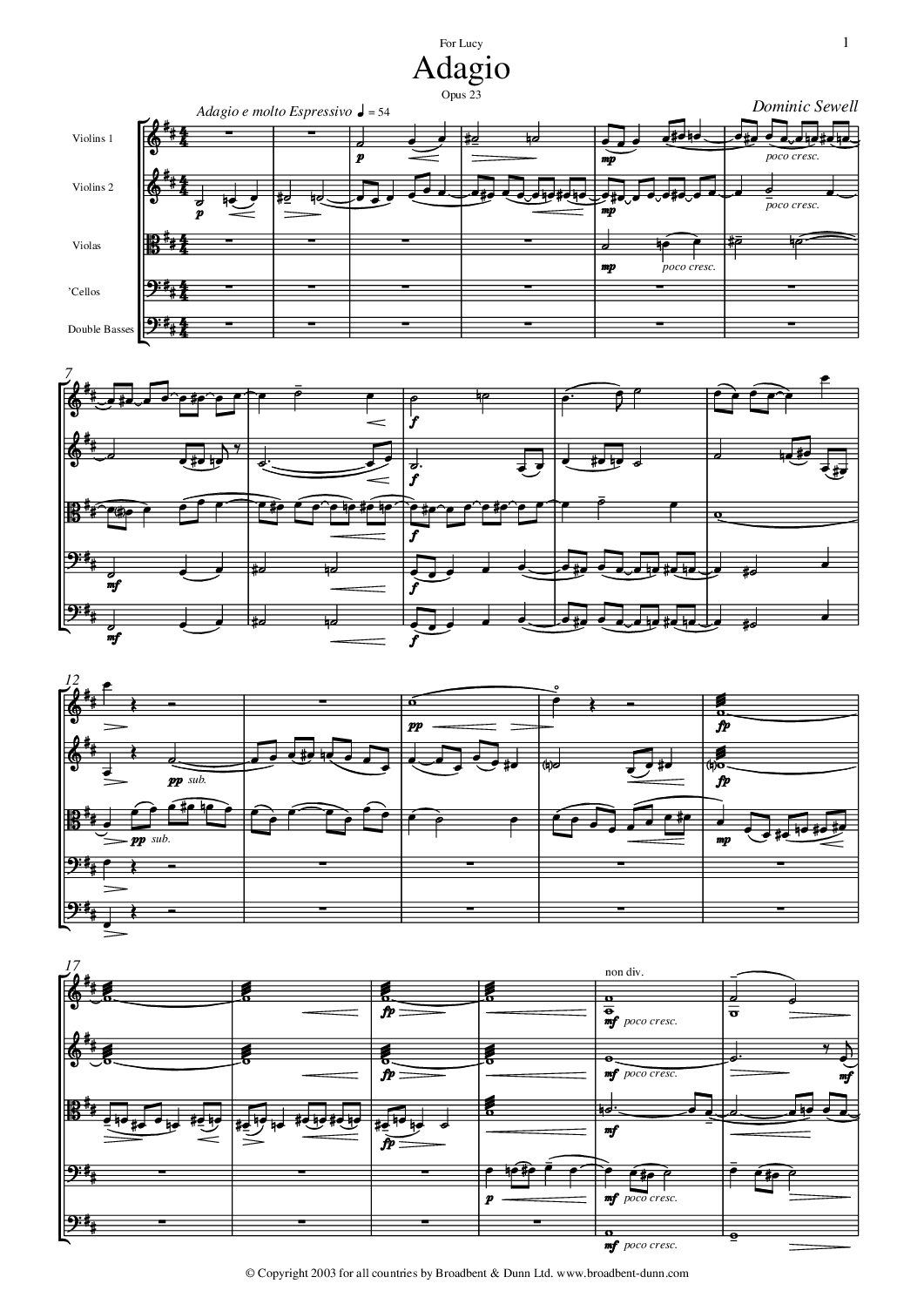 Dominic Sewell - Adagio for String Orchestra - Violas Digital Download