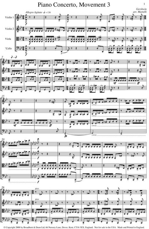 Gershwin - Piano Concerto Movement 3 (String Quartet Parts) - Parts Digital Download