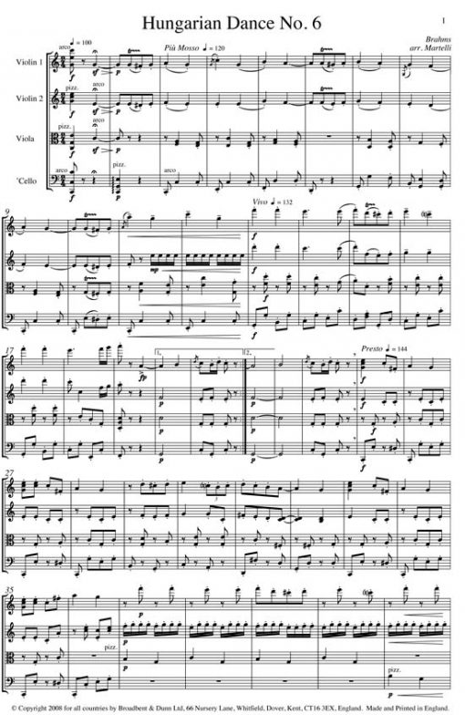 Brahms - Hungarian Dance No. 6 (String Quartet Parts) - Parts Digital Download