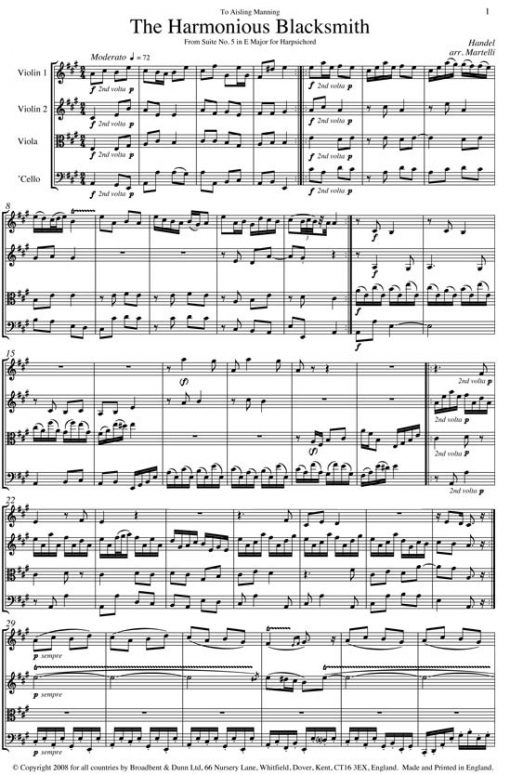 Handel - The Harmonious Blacksmith from Suite No. 5 in E Major for Harpsichord (String Quartet Score) - Score Digital Download