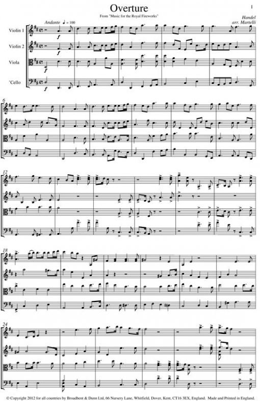 Handel - Overture from Music for the Royal Fireworks (String Quartet Score) - Score Digital Download