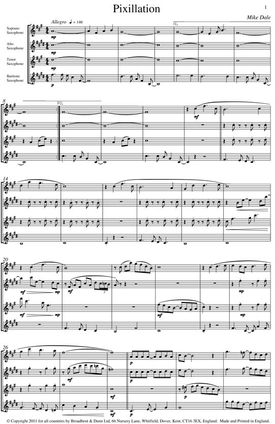 Mike Dale Pixillation Saxophone Quartet Score Digital Download Broadbent Dunn Ltd Sheet Music Web Store