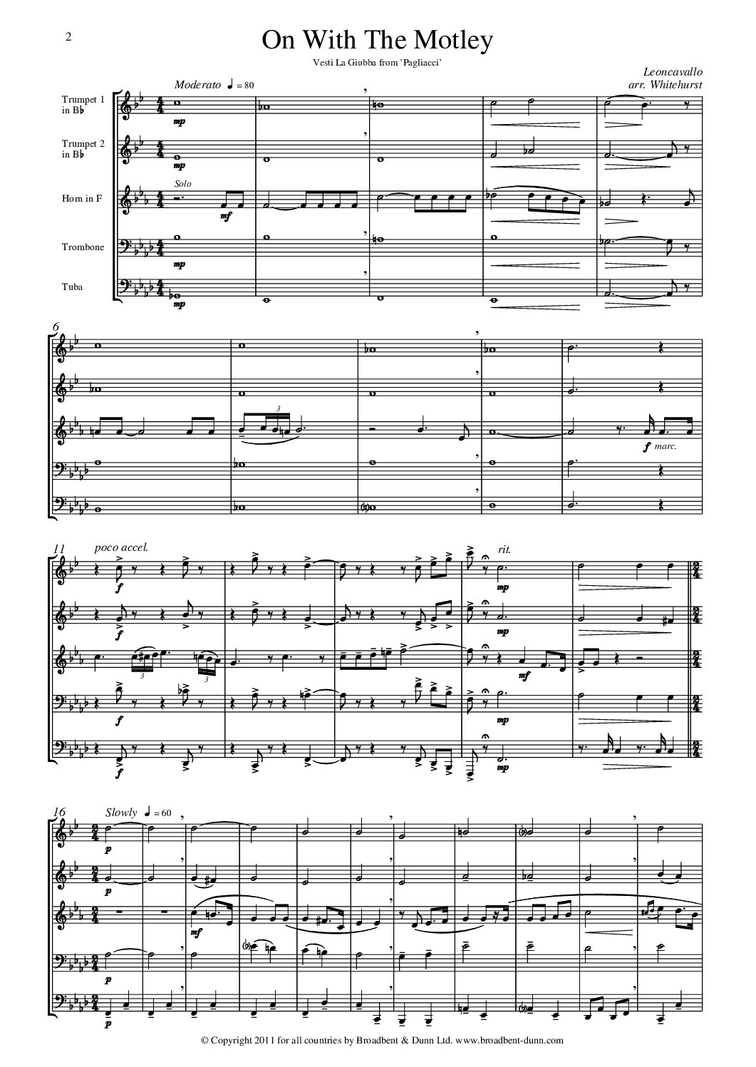 Leoncavallo arr. Whitehurst - On With The Motley from Pagliacci (Brass Quintet) - Digital Download