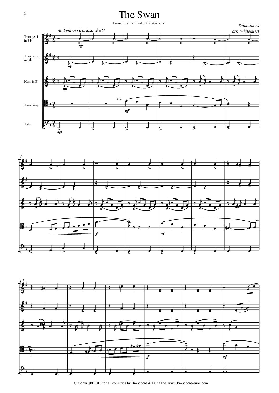 Saint-Saëns arr. Whitehurst - The Swan from The Carnival of the Animals (Brass Quintet) - Digital Download