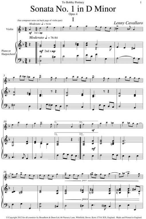 Lenny Cavallaro - Sonata No. 1 in D Minor for Violin and Piano (or Harpsichord) Opus 4 - Digital Download