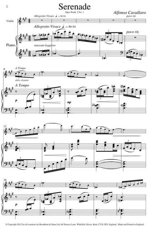 Alfonso Cavallaro - Serenade for Violin and Piano Opus Posth. 2 No 1 - Digital Download