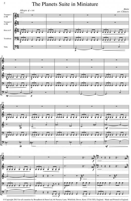 Holst - The Planets Suite in Miniature (Brass Quintet) - Score Digital Download