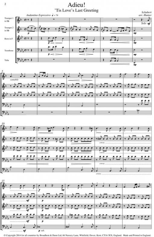 Schubert - Adieu! 'Tis Love's Last Greeting (Brass Quintet) - Score Digital Download